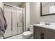 Bathroom featuring a shower, neutral walls, tiled floors, and a modern vanity at 11930 Titania Cir, Indianapolis, IN 46236