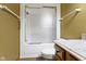 The bathroom features a shower with a glass enclosure, along with a granite countertop at 153 Monticello Ct, Noblesville, IN 46060