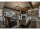 Open-concept living room showcasing a stone fireplace, wooden beam accents, built-in shelving, and hardwood floors at 1740 Golden Field Dr, Greenwood, IN 46143