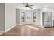 Bright dining area with bay window and stainless steel refrigerator at 19041 Karyn Ln, Westfield, IN 46062