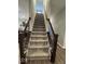 Carpeted staircase with dark wood railings and bannisters at 2536 Lanai Ln, Greenwood, IN 46143