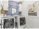 Bright laundry room featuring front load washer and dryer, white cabinetry, and blue accent wall at 3342 Challenger Dr, Plainfield, IN 46168
