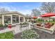 Stylish patio area featuring ample seating around a fire pit, outdoor lounge, and manicured garden and a stone patio at 671 Spring Hills Dr, Zionsville, IN 46077