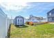 Backyard with shed, above ground pool, and green lawn at 97 N Maple St, Pittsboro, IN 46167