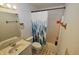 Bathroom featuring a granite vanity, toilet, mirror, and shower with a forest-themed curtain at 11403 Fairweather Pl, Indianapolis, IN 46229