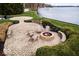 Aerial view of a relaxing patio area with a fire pit, seating, and landscaped gardens by the water at 395 Breakwater Dr, Fishers, IN 46037