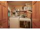 Functional laundry area with modern washer and dryer, shelving and wood accents at 7531 Bancaster Dr, Indianapolis, IN 46268