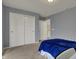 Well-lit bedroom featuring a blue comforter, carpeted floors, and a large closet space at 9253 Windrift Way, Zionsville, IN 46077
