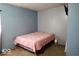 Cozy bedroom featuring carpet and a neatly made bed with a soft pink comforter, illuminated by a bedside lamp at 1508 N Woodridge Ave, Muncie, IN 47304