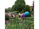 Lush garden with colorful irises and a decorative gazing ball, bordering the lake at 3849 Waycross Dr, Columbus, IN 47203
