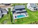 Aerial view of a stunning backyard with a sparkling pool, patio area and lush green lawn at 5120 Melbourne Pl, Zionsville, IN 46077
