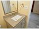 This half bath has gray cabinets, granite countertop, stainless steel hardware, and is partially visible at 553 N Traub Ave, Indianapolis, IN 46222