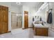 Bathroom with a glass shower, and sinks, and tile floor at 6043 Acorn Dr, Columbus, IN 47201