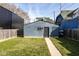 This backyard features green grass, partial view of neighboring buildings and a fence at 1334 E Market St, Indianapolis, IN 46202