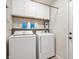 Laundry room featuring white washer and dryer with overhead cabinets and storage shelf at 17918 Lucas Cir, Westfield, IN 46074