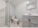 Bathroom features a modern vanity, toilet, and glass-enclosed shower, offering a clean and functional space at 350 N Belleview Pl, Indianapolis, IN 46222