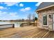 A wide-angle view of a wooden deck and a lake at 4703 River Ridge Dr, Indianapolis, IN 46240