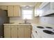 Traditional kitchen featuring white appliances, light colored cabinets, and a double sink at 4812 Eastgate Dr, Columbus, IN 47203