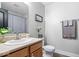 Bathroom featuring a vanity, sink, updated faucet, and modern decor elements at 7260 Blue Ridge Dr, Noblesville, IN 46062