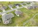 Bird's-eye view showcases a neighborhood of brick homes with well-manicured lawns and streets, capturing suburban charm at 1120 Constitution Dr, Edinburgh, IN 46124
