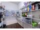 A well-organized walk-in pantry features ample metal shelving for storing food and kitchen essentials at 12959 Balfour Rd, Fishers, IN 46037