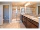 Bathroom with dual vanity, granite countertops, enclosed shower and tile flooring at 2314 Angelina Way, Greenwood, IN 46143