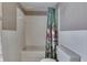 Bathroom with a shower-tub combo featuring white subway tile and a patterned shower curtain at 3357 Saddle Club Rd, Greenwood, IN 46143