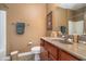 Bathroom featuring a single sink vanity, framed mirror, toilet and shower with neutral walls at 3727 Tributary Ct, Westfield, IN 46062