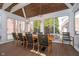 Sunroom with wood ceilings and large windows offer stunning views and natural light with a dining table at 3727 Tributary Ct, Westfield, IN 46062