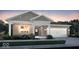 Charming single-story home featuring a brick facade, covered porch, and a two-car garage, set against a serene evening sky at 5035 Astor Ct, McCordsville, IN 46055