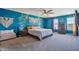 Bright main bedroom featuring blue walls, a ceiling fan, and elegant decor at 9723 Violet Cir, Indianapolis, IN 46239