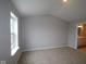 Spacious bedroom with vaulted ceilings, plush carpet, and a view into the ensuite bathroom at 7089 Pate Hollow Dr, Brownsburg, IN 46112