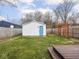 Spacious backyard with green grass, wooden fence and shed at 928 E Pleasant Run Parkway North Dr, Indianapolis, IN 46203