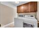 Bright laundry room with modern washer and dryer units, plus ample cabinet storage at 9715 Mallery Dr, Noblesville, IN 46060