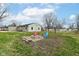 Green backyard with fire pit and two colorful chairs at 1400 W Cowing Dr, Muncie, IN 47304