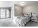 Bright bedroom features a modern bed with stylish headboard, neutral walls and plush carpeting at 4610 W 72Nd St, Indianapolis, IN 46268