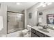 Modern bathroom with glass enclosed shower and granite vanity at 7254 Cambridge Pl, Avon, IN 46123