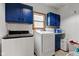 Well-equipped laundry room featuring blue cabinetry, modern washer/dryer, and tiled flooring at 10573 W 550 N, Thorntown, IN 46071