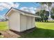 A single-story shed in the backyard, with a dark metal roof at 1617 S N St, Elwood, IN 46036