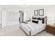 Bright bedroom featuring carpet, a cozy queen bed, decorative art, and ensuite bathroom at 18203 Sunbrook Way, Westfield, IN 46074