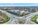 An aerial view showcases a tidy street and a line of townhomes in a suburban area at 8613 N Meridian St, Indianapolis, IN 46260