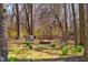 Backyard firepit area with seating surrounded by a natural setting of trees and spring foliage at 2895 Prairie Stream Way, Columbus, IN 47203
