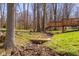 Picturesque backyard with bridge, stream, and wooden deck surrounded by mature trees and lush greenery at 2895 Prairie Stream Way, Columbus, IN 47203