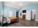 This bedroom features hardwood floors, light blue walls and a large closet at 3940 N Drexel Ave, Indianapolis, IN 46226