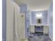Bathroom features a tiled shower, blue walls, and a sleek sink with storage at 6515 Park Central Way # B, Indianapolis, IN 46260