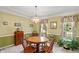 Traditional dining room with a wooden table, elegant chandelier, and decorative window treatments at 7341 Campfire Run, Indianapolis, IN 46236