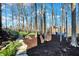 Landscaped backyard with mature trees, stone path and chairs, creating a serene and private retreat at 9334 Seascape Dr, Indianapolis, IN 46256