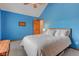 Bright bedroom featuring blue accent wall, vaulted ceiling, and serene atmosphere at 222 Wellington Pkwy, Noblesville, IN 46060