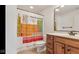 Bathroom with vanity, toilet, and periodic table shower curtain at 3629 Pete Dye Blvd, Carmel, IN 46033