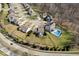 Overhead view of homes in a suburban area with manicured lawns, a pool, and tree-lined streets at 368 Westbrook Ct, Columbus, IN 47201